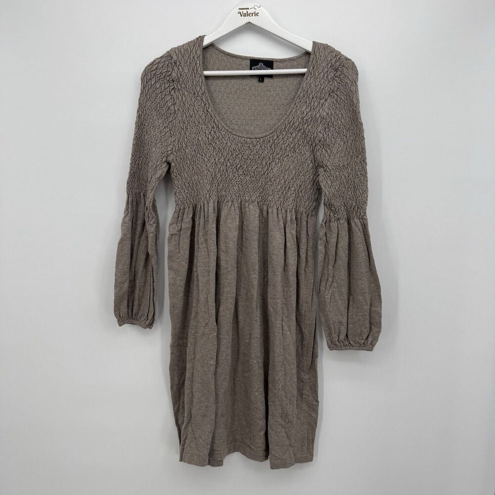 Angie Brown Taupe Smocked Long Sleeve Sweater Dress Size Large Cotton Boho